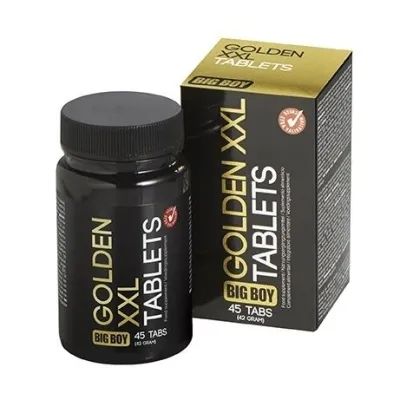 Schwarze Flasche und Schachtel mit der Aufschrift "Golden XXL Tablets, Big Boy, 45 Tabs (62 Gramm)".