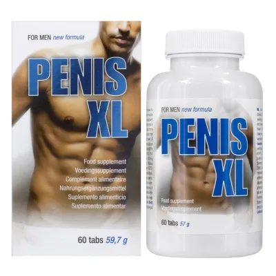 Verpackung und Flasche von "Penis XL" Nahrungsergänzungsmittel für Männer, 60 Tabletten.