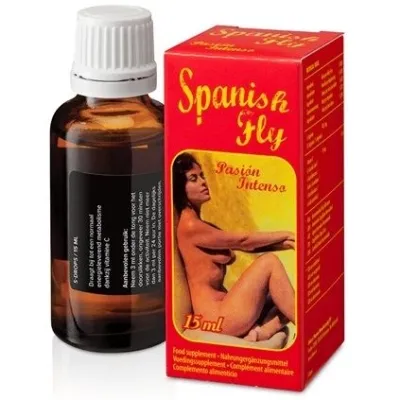 A brown bottle and red packaging with the inscription "Spanish Fly Pasión Intenso" depicts a woman.