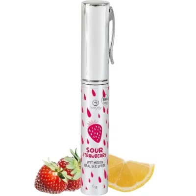 Silver spray bottle with a strawberry design, next to strawberries and a lemon slice. Text: "Sour Strawberry Wet Mouth Oral Sex Spray".