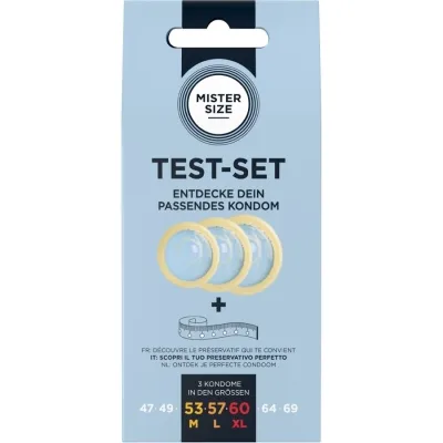 Verpackung eines Kondom-Test-Sets von Mister Size mit drei Kondomen und Maßband, Größen M bis XL.