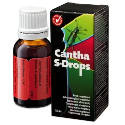 Bottle and packaging of Cantha S-Drops, a dietary supplement, with colorful design and insect graphics.