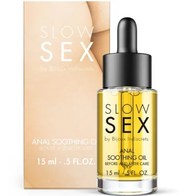 Flasche und Verpackung von "Slow Sex" Anal Soothing Oil, 15 ml, mit Pipette.