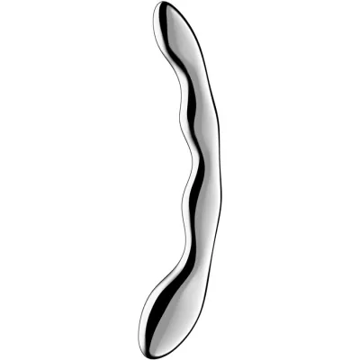 Silver, curved metal object with a smooth surface against a white background.