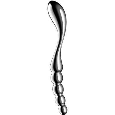 Metallic, curved massage wand with a smooth and ribbed surface.