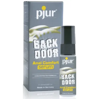 Grey packaging and bottle of "pjur Back Door Anal Comfort Serum", 20 ml, made in Germany.
