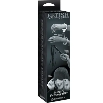 Packaging of a "Lover's Fantasy Kit" with handcuffs, whip and eye mask, part of the Fetish Fantasy Series.