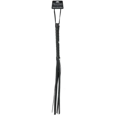 Black whip with multiple straps and a handle, label on top.
