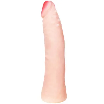 Ein hautfarbener Dildo mit realistischen Details und einer leicht geröteten Spitze.
