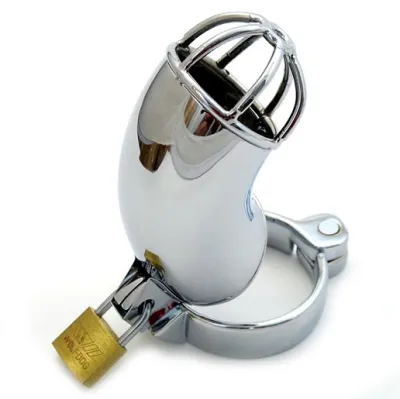 Metallic chastity cage with lock, shiny and silver, on a white background.