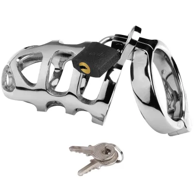 Metallischer Keuschheitskäfig mit Schloss und zwei Schlüsseln.