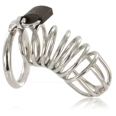 Metallischer Keuschheitskäfig mit Spiralmuster und Schloss.