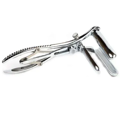 Metal speculum with handles and adjustment screw, on a white background.