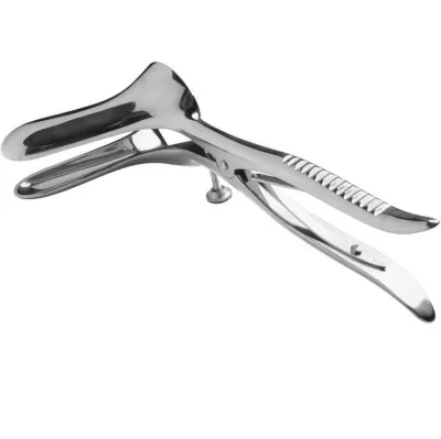 Metal speculum on a white background.