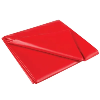 Red, folded plastic or tarpaulin on a white background.