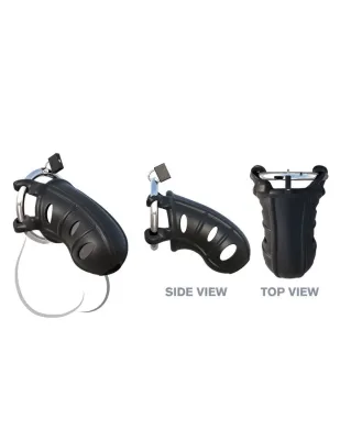 Black plastic device in three views: side, top and side, with metal parts and holes.