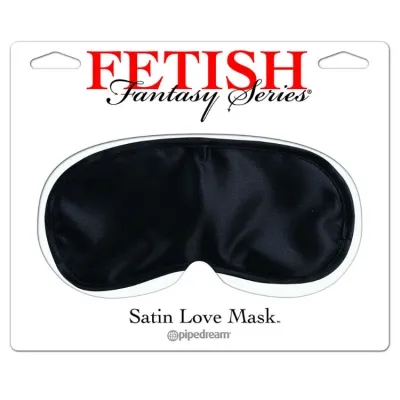 Black satin eye mask on packaging labeled "Fetish Fantasy Series" and "Satin Love Mask".