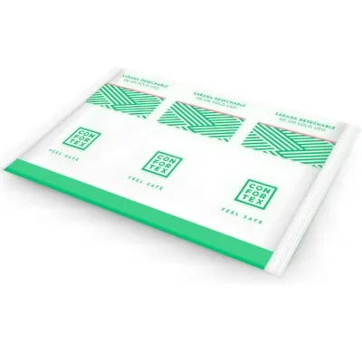 Packaging of disposable bed sheets with a green design and the text "Confortex" and "Feel Safe".