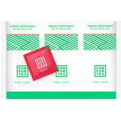 Verpackung von Einweg-Bettlaken mit grünem Muster und rotem Quadrat, Text: "CONFOR TEX", "FEEL SAFE".