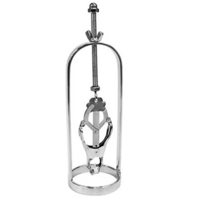 Metallic corkscrew with lever mechanism and stand, isolated on a white background.