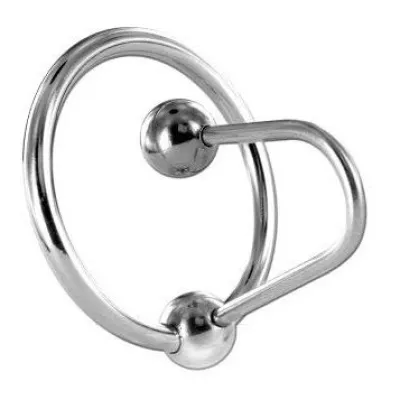 Silberner, kreisförmiger Metallring mit zwei Kugeln, einer am Ring und einer am gebogenen Ende.