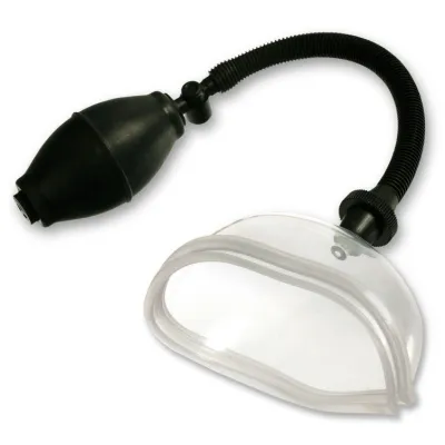 Schwarze Handpumpe mit transparentem Kunststoffaufsatz und flexiblem Schlauch.
