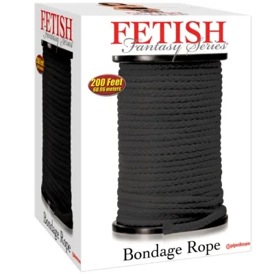 Packaging of a black bondage rope reel, 200 feet (60.96 meters), Fetish Fantasy Series.