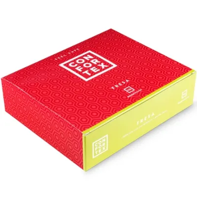 Rote und gelbe Verpackung mit der Aufschrift "CONFORTEX FRESA".