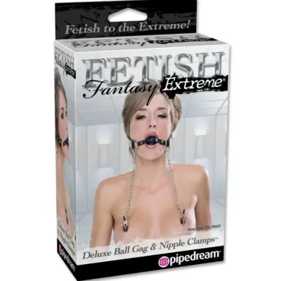 Packaging of a fetish set with ball gag and nipple clamps, brand "Fetish Fantasy Extreme".