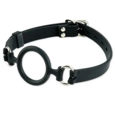 Black silicone O-ring gag with adjustable strap and metal buckles.