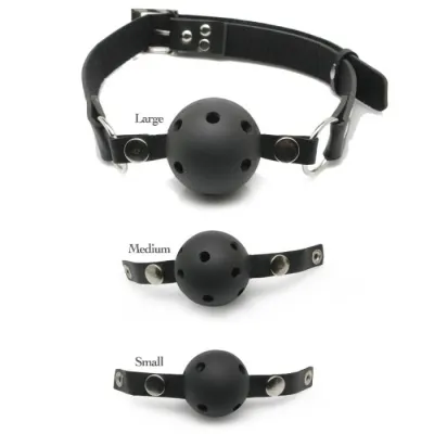 Three black gags in different sizes: large, medium, small, with adjustable straps and holes.