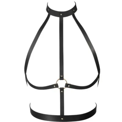 Black leather harness with collar and straps, connected by a metal ring in the middle.