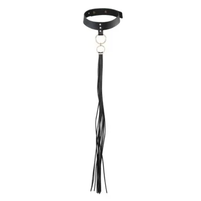 Black collar with fringes and metal rings, decorative and elegant.