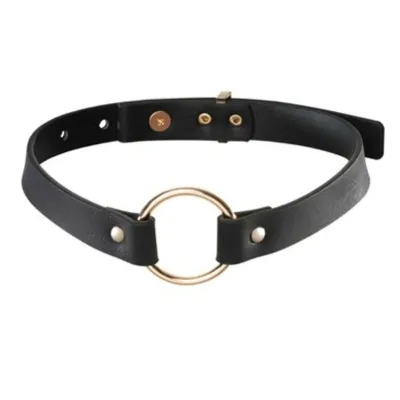 Black leather collar with a gold-colored ring in the middle and adjustable closure.