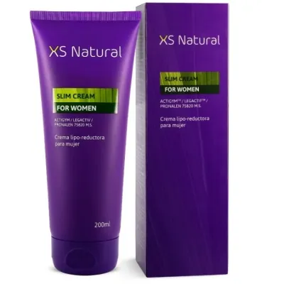 Lila Tube und Schachtel von XS Natural Slim Cream für Frauen, 200 ml, lipo-reduzierende Creme.