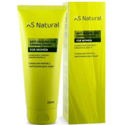 Gelbe Tube und Schachtel von XS Natural Anti-Sagging and Firming Cream für Frauen, 200 ml.