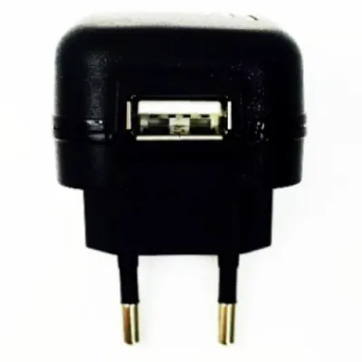 Black USB charger with two plugs and one USB port, shown from the front.