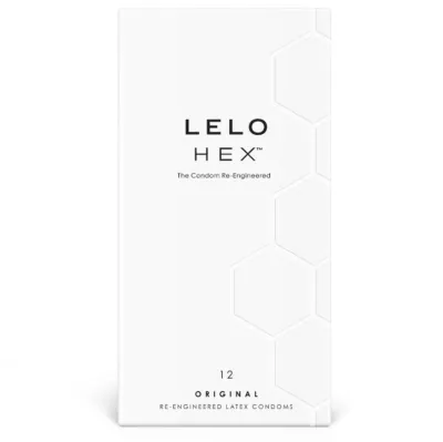 White packaging of LELO HEX condoms with a hexagonal pattern and black text.