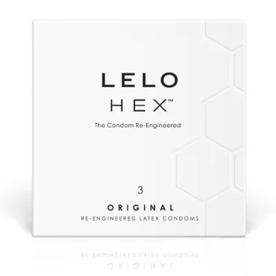 Packaging of LELO HEX Original condoms, white design with hexagonal pattern, contains 3 condoms.