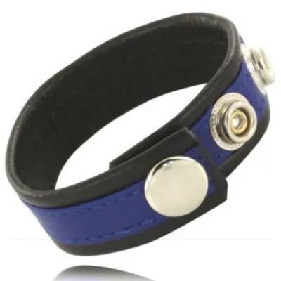 Black and blue bracelet with silver snap fasteners.