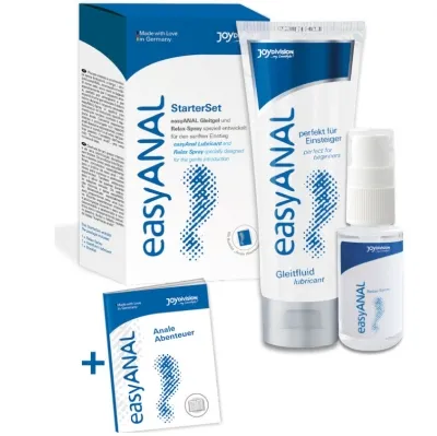 easyANAL StarterSet mit Gleitgel, Relax-Spray und Anleitung für sanften Einstieg, Verpackung und Produkte abgebildet.