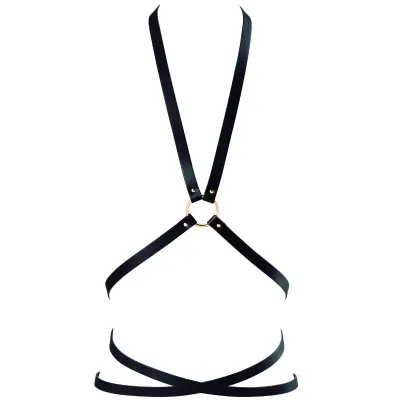 Black leather harness with gold rings, designed in a cross shape.