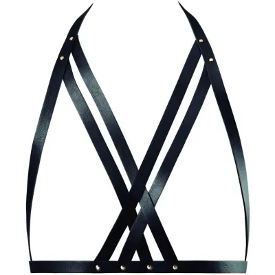 Black leather harness with crossed straps and rivets, against a white background.