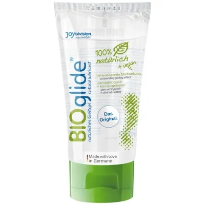 Tube of BIOglide lubricant, 100% natural and vegan, with green cap, made in Germany.
