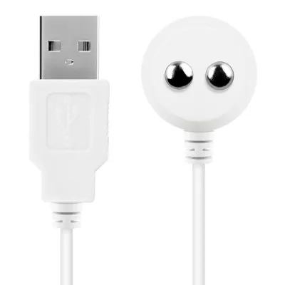 Weißes USB-Kabel mit rundem Magnetanschluss und zwei Metallkontakten.