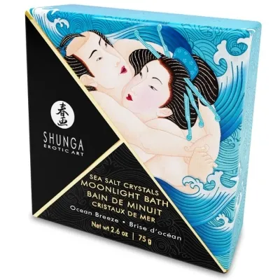 Packaging of Shunga Sea Salt Crystals, Moonlight Bath, with traditional Japanese art and blue waves.
