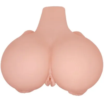 A skin-colored silicone model with two large, round shapes and an opening at the bottom.