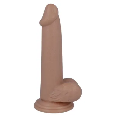 Beige Dildo mit Saugnapf, realistische Form, aufrecht stehend.
