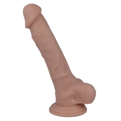 A flesh-colored dildo with a suction cup, realistic details, standing upright.