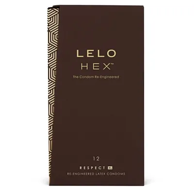 Braune Verpackung von LELO HEX Kondomen, 12 Stück, mit goldenen geometrischen Mustern und Text "The Condom Re-Engineered".